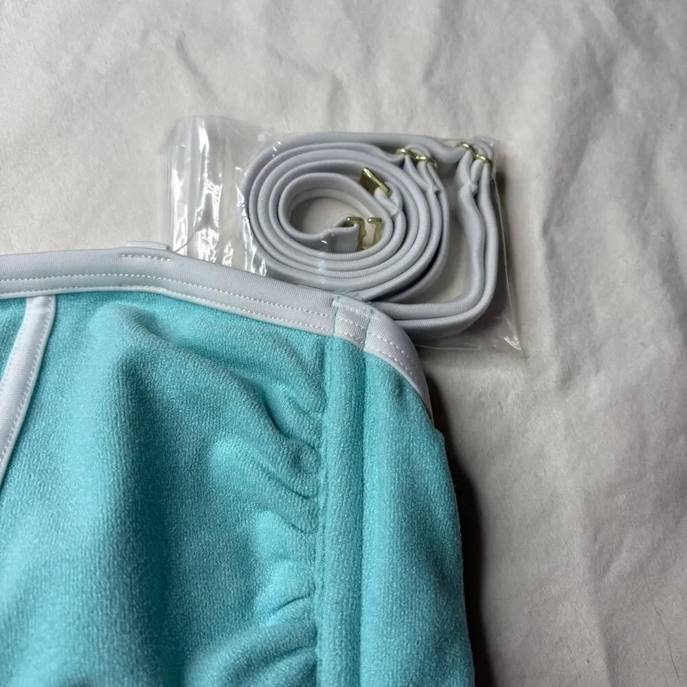 Kona Sol Light Blue Terry Textured Solid Bandeau Bikini Top Turquoise Size L New